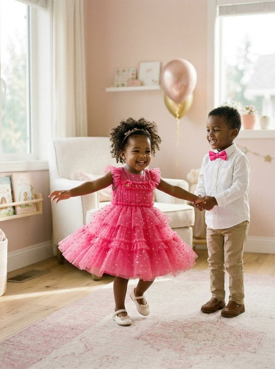 Two Black children playing dress-up - girl in hot pink tutu, boy in hot pink bowtie