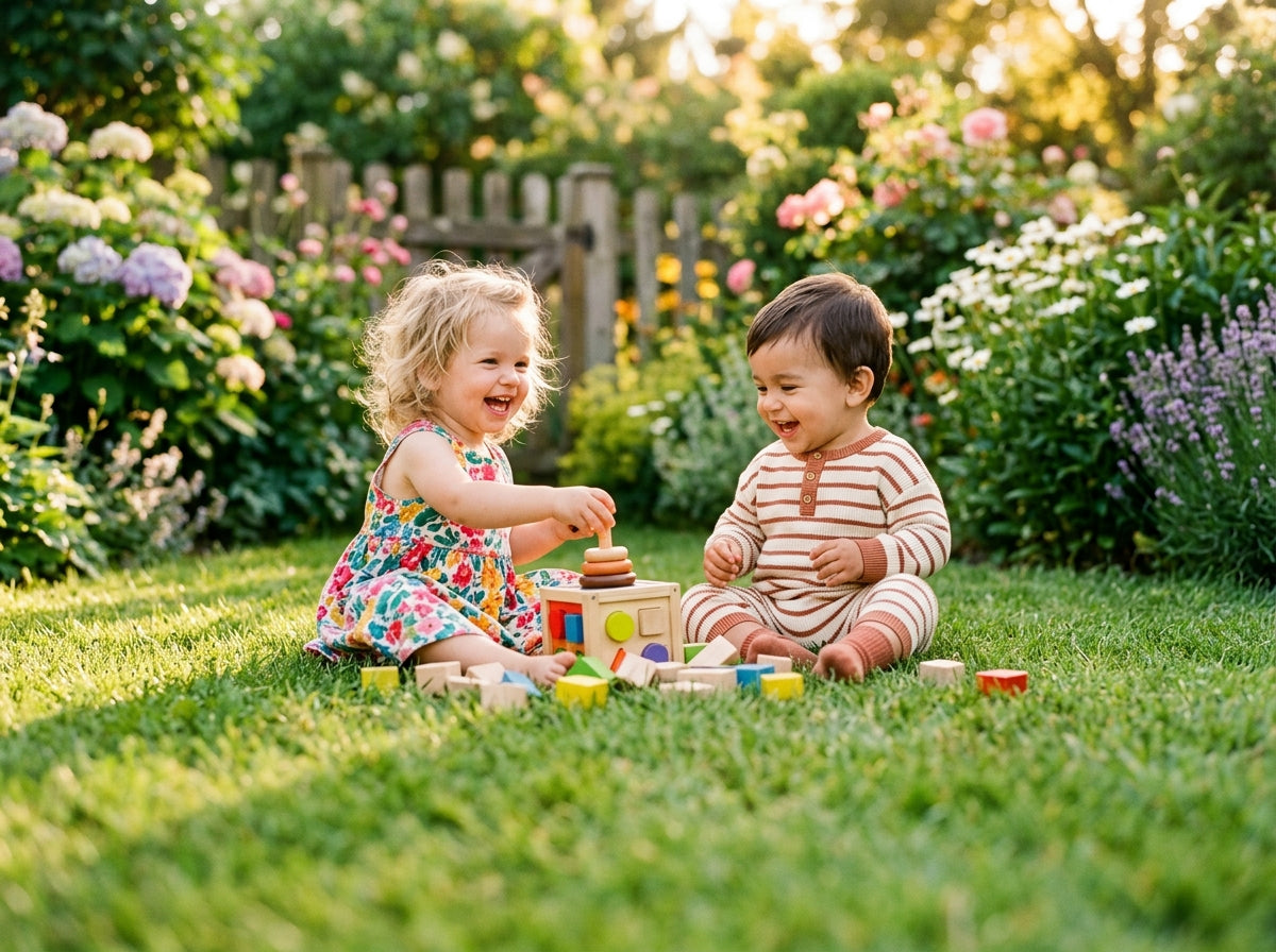 Two toddlers playing together outdoors in a sunny garden